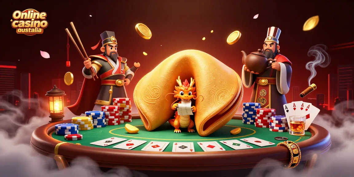 Experience the thrill of online casino Australia with a vibrant 3D scene featuring poker elements and fantasy characters.