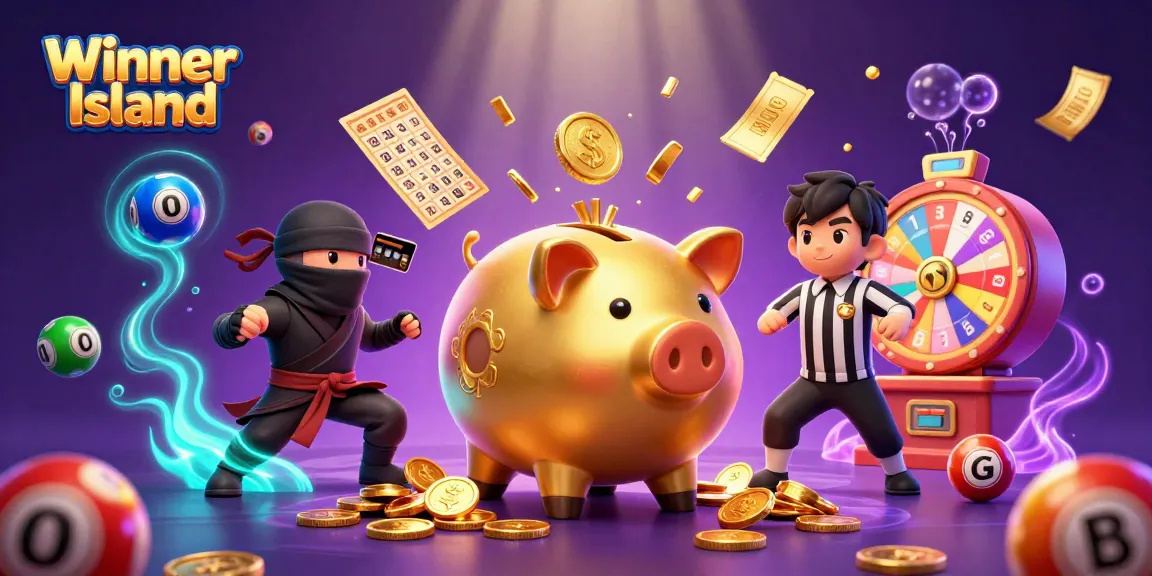 Winner Island showcases a dynamic scene with a sumo wrestler shaking golden coins, enhancing the gambling experience.
