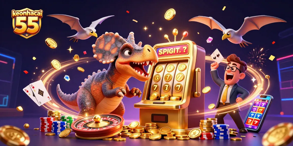 Catch golden coins with keonhacai 55 in a thrilling casino scene featuring cartoon dinosaurs.