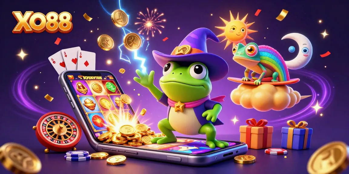 Engage in the excitement of XO88 where golden coins and vibrant characters create a thrilling gambling atmosphere.