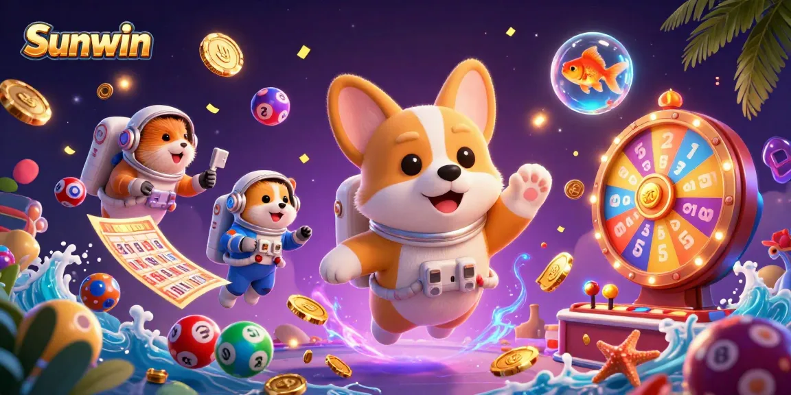 Sunwin offers exciting gameplay in a whimsical 3D floating casino scene with playful characters and vibrant gaming elements.