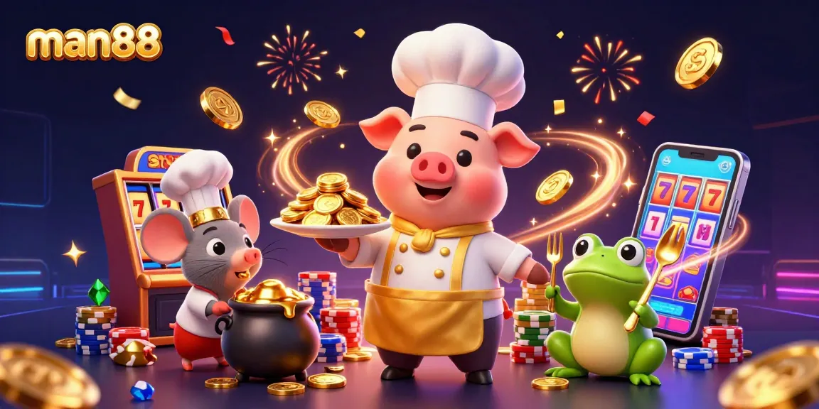 man88 celebrates with a chef pig, a critic frog, and a sous-chef mouse in a casino scene