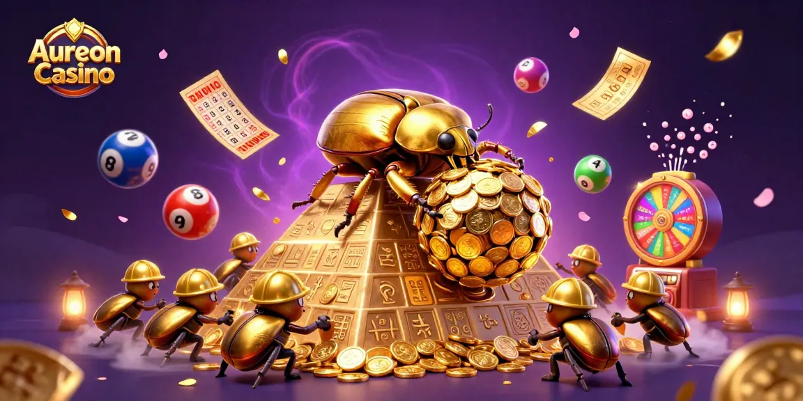 Aureon Casino features a vibrant scene of animated beetles and lottery elements rolling in excitement.