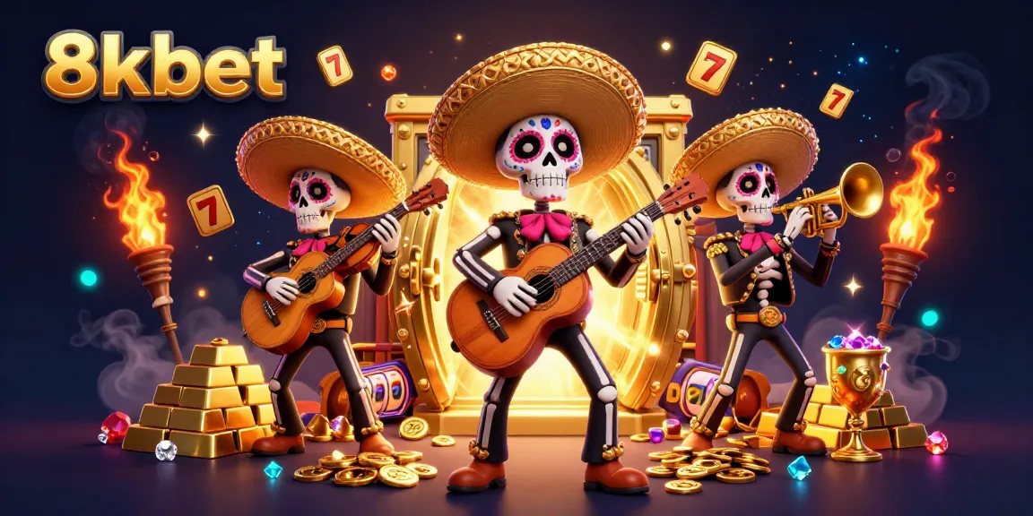 Experience 8xbet with vibrant skeleton mariachi band amidst jackpot games and treasures