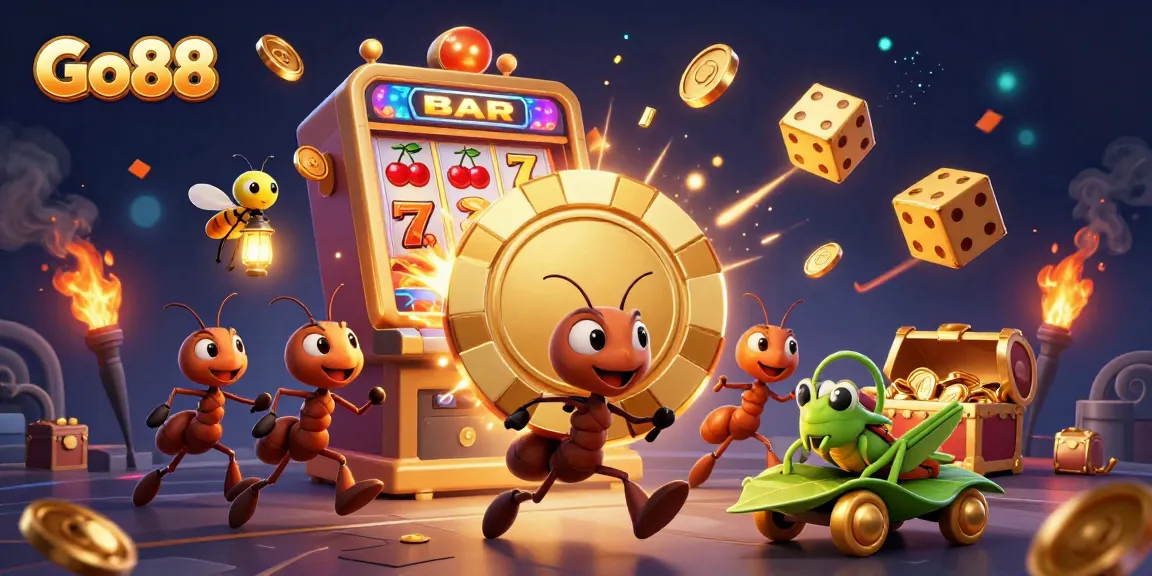 Go88 invites players to join a thrilling heist with cartoon ants carrying mega poker chips amidst a jackpot explosion.