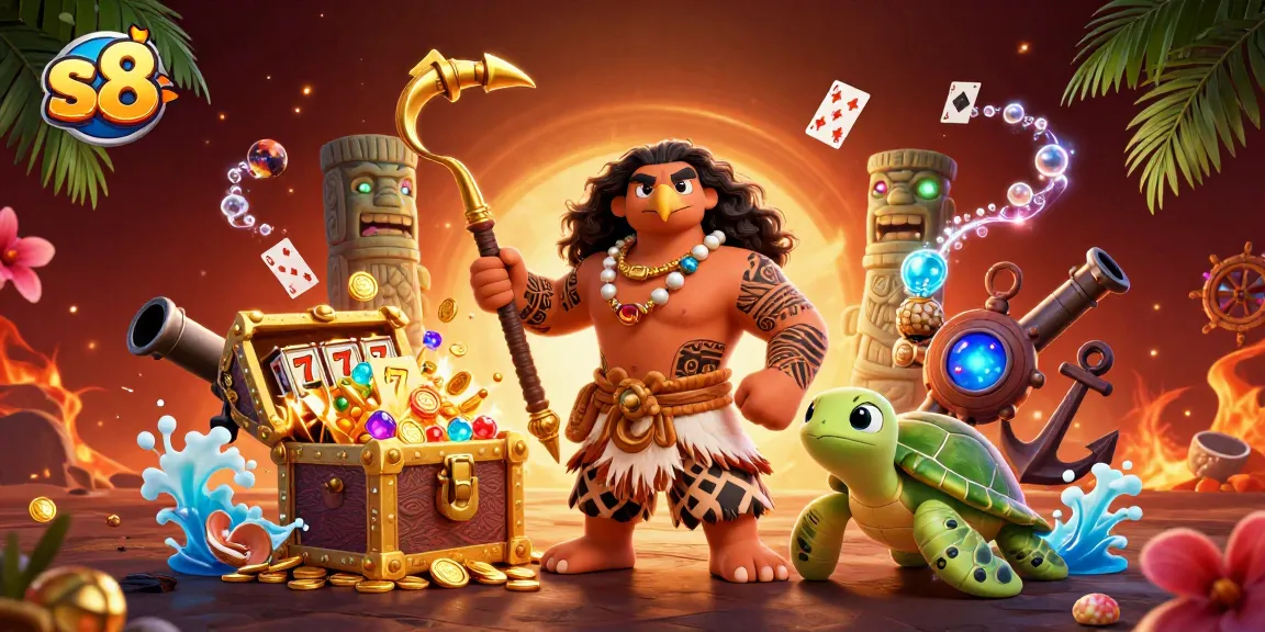 S8 online casino showcases a 3D hawk character amidst vibrant treasures and slot games