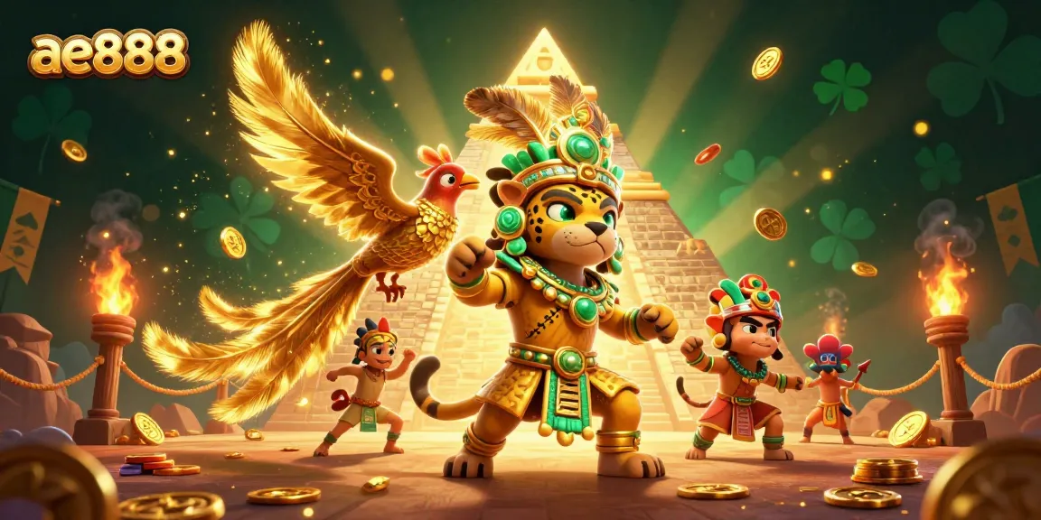 Play exciting games at ae888 with a dynamic 3D Mayan priest and vibrant casino visuals.