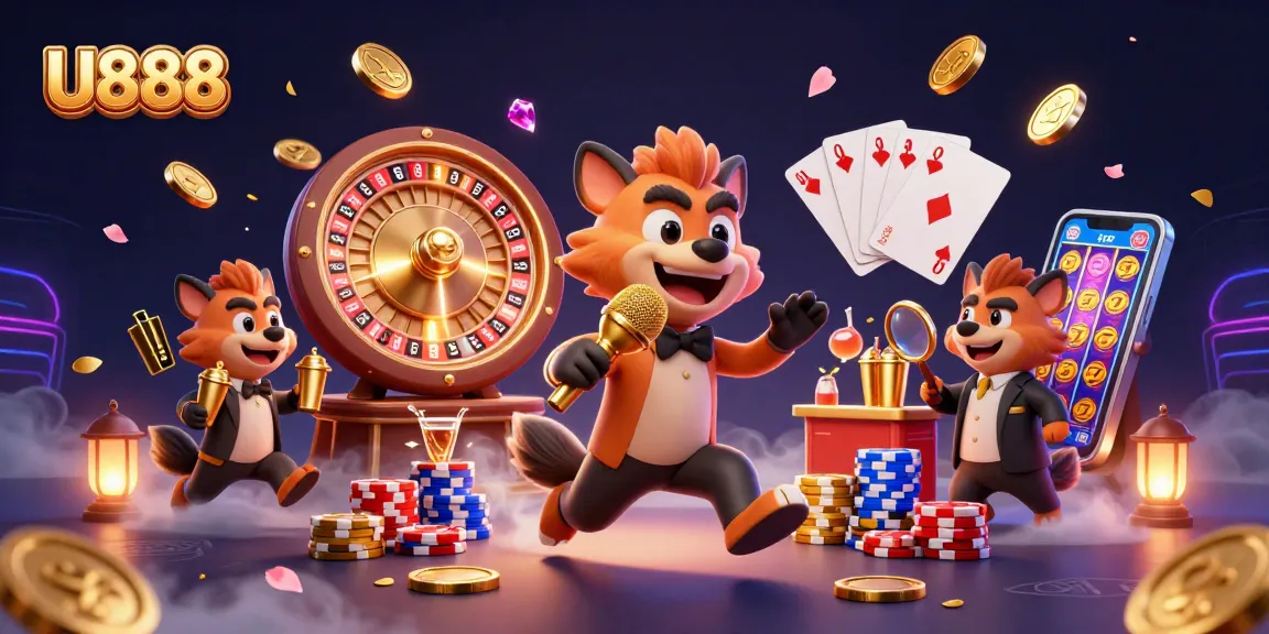 U888 casino scene with hyenas as comedians and bartenders amidst colorful gaming elements.