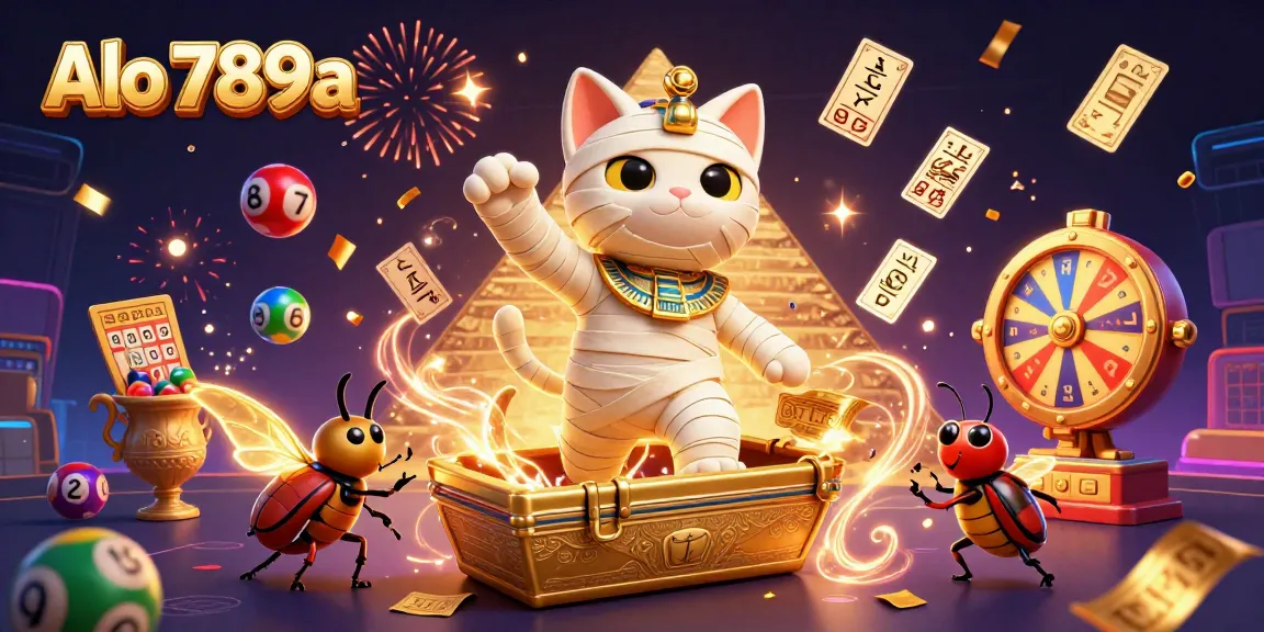 Alo 789a showcases intense action in a vibrant casino scene featuring a mummy cat and scarab beetle.