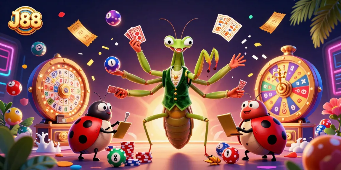 J88 players celebrate with vibrant lottery games amidst colorful scenes of luck and excitement.